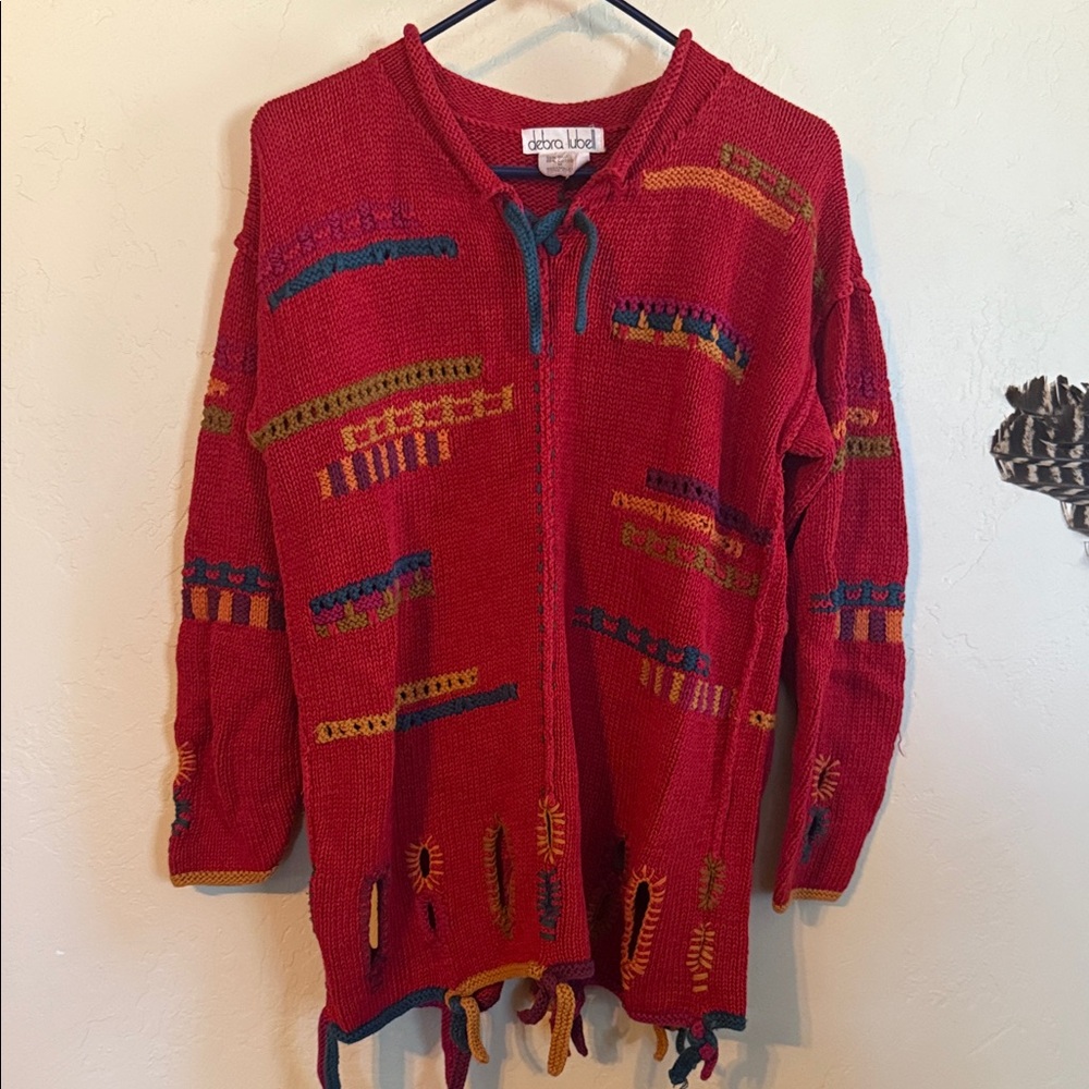 Hand knitted Colorful Red Cardigan with Patterned Design